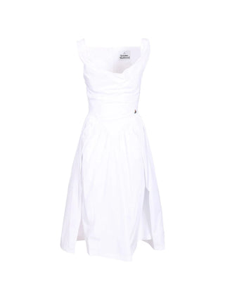 Vivienne Westwood Sunday dress. A sculpted organic cotton corset silhouette with a full midi skirt and signature orb embroidery. Available at our Lisbon store.