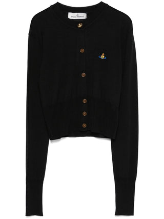 Vivienne Westwood black Bea Cropped Cardi with crew neck, ribbed trims and Orb logo embroidery, perfect with high-waisted looks. Available at our Lisbon store.