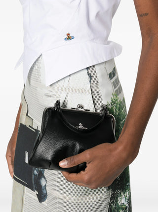 Vivienne Westwood black Granny Frame Purse with silver-tone hardware, orb detail and chain strap, perfect for evening. Available at our Lisbon store.