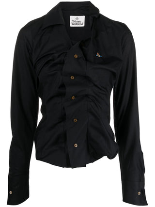 Vivienne Westwood's Drunken shirt. Cut with an off-centre placket and asymmetric hem. Multi-coloured orb embroidery. Available at our lisbon store. 