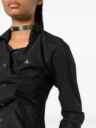 Vivienne Westwood's Drunken shirt. Cut with an off-centre placket and asymmetric hem. Multi-coloured orb embroidery. Available at our lisbon store. 