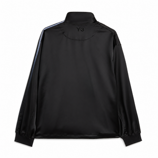 Y-3 satin gradient sweatshirt in technical fabric. Loose fit, high neck, and raglan sleeves with a signature blue gradient stripe effect along the sleeves. 