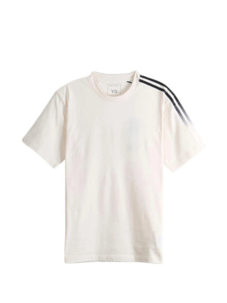 Y-3 white cotton T-shirt with 3-Stripe detail and logo print. Relaxed fit essential, available at our Lisbon store.