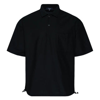 Black polo shirt with short sleeves and collar.