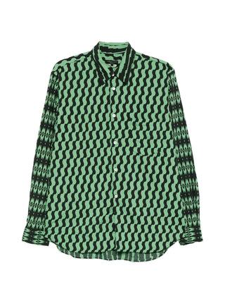 Green and black patterned shirt with long sleeves and collar by Comme des Garcons.