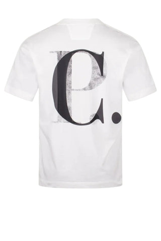 White t-shirt with a large black letter 'C' on the back by CP Company