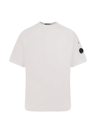 White t-shirt with a black CP Company logo on the sleeve
