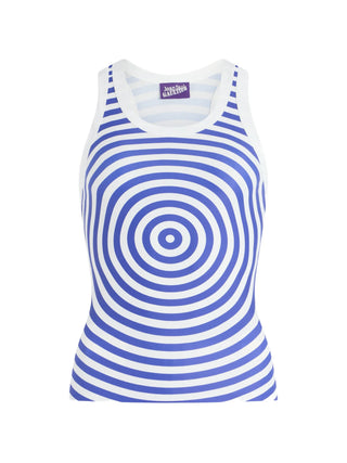 Blue and white striped tank top with a circular pattern