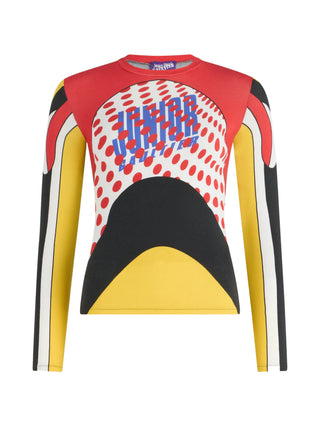 Colorful long-sleeve shirt with geometric design and text by Jean Paul Gaultier