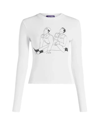 Crafted from stretch cotton jersey in crisp white, this Jean Paul Gaultier top features the iconic Kamasutra print and a logo detail at the rear. A crew neck, long sleeves, and straight hem keep the fit clean and comfortable. Bold, playful, effortlessly wearable. Available at our Lisbon store.