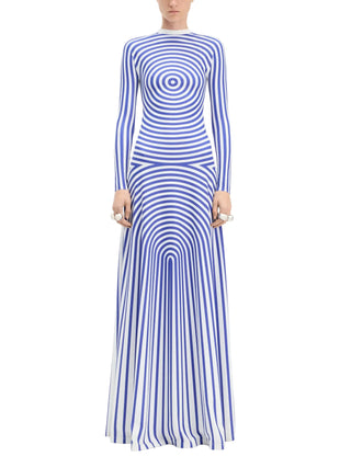 Woman wearing a blue and white striped dress 