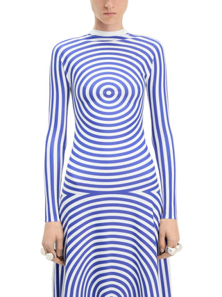 Blue and white striped dress worn by a model