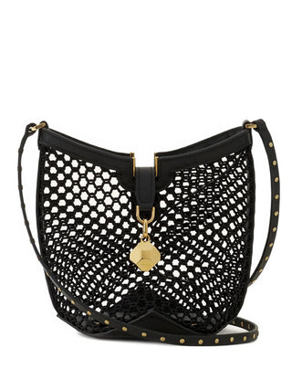 Black woven handbag with gold accents