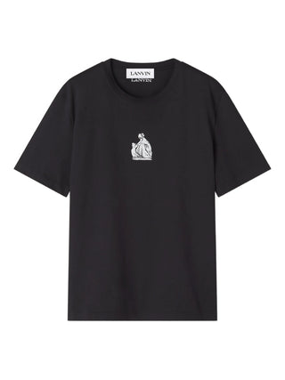 Black short sleeve t-shirt with a small white logo 