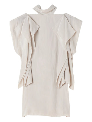 Beige top with high neck and ruffles along the sides 