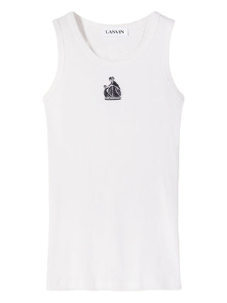 White sleeveless ribbed tank top with a black logo 