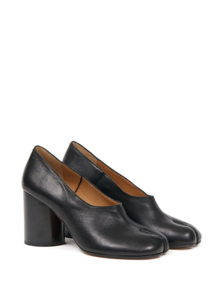 Pair of black leather 80mm block heel pumps by Maison Margiela