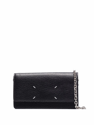 Black leather wallet with chain strap and stitch logo by Maison Margiela