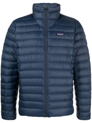 Blue puffer jacket with Patagonia logo o