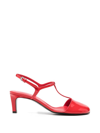 Red patent leather t-bar pums by Plan C