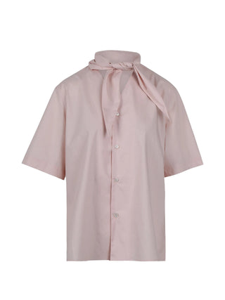 Pink short-sleeve shirt with a scarf-tie neckline.