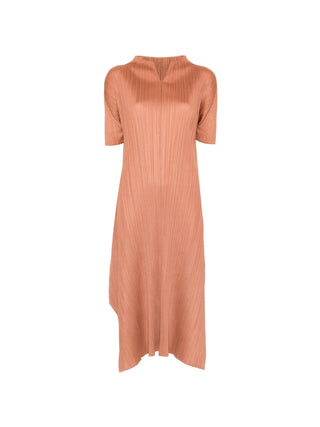 Coral-colored short sleeve midi dress with pleats by Pleats Please Issey Miyake