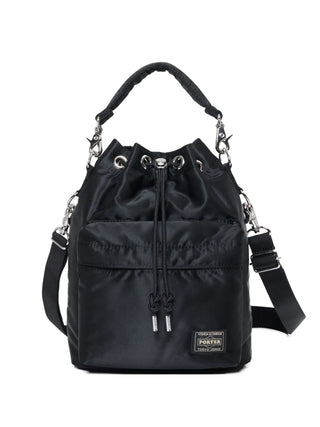 Black drawstring bag with multiple straps by Porter-Yoshida and Co. 