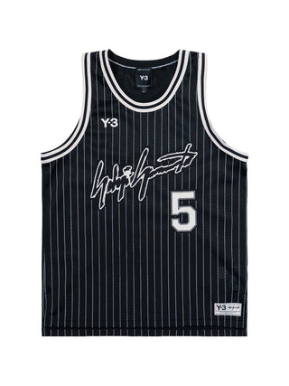 Black pinstripe basketball jersey with number 5 and signature by Y-3