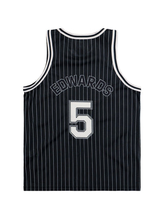 Black pinstripe basketball jersey with 'EDWARDS' and number '5' by Y-3