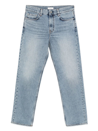Light blue jeans with straight leg and five pockets. 