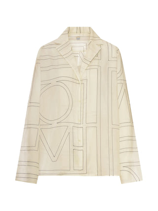 Beige shirt with geometric patterns with long sleeves and collar