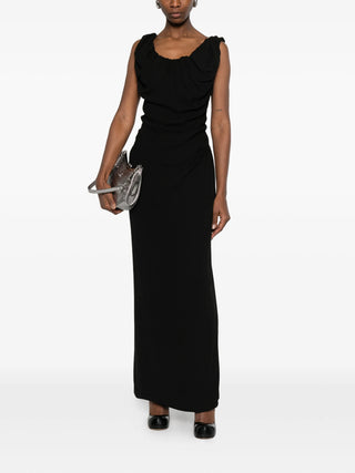 Vivienne Westwood black Long Ginnie Amber bodycon dress with draped detail and square neck, perfect for evening. Available at our Lisbon store.
