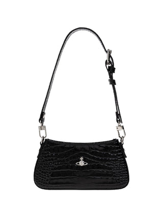Black handbag with a visible brand logo on a white background