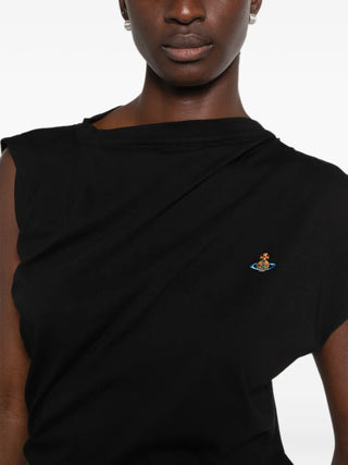 Vivienne Westwood's Hebo top in black, signature slash neckline, draped silhouette, short-sleeved and iconic orb embroidery. Available at our Lisbon store. 