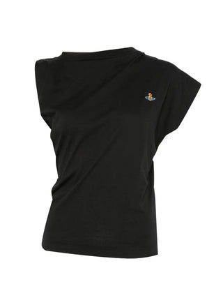 Vivienne Westwood's Hebo top in black, signature slash neckline, draped silhouette, short-sleeved and iconic orb embroidery. Available at our Lisbon store. 