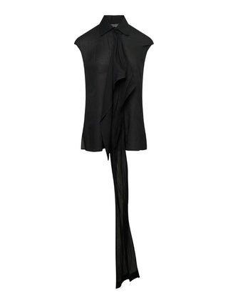 Black sleeveless top with a draped design by Yohji Yamamoto